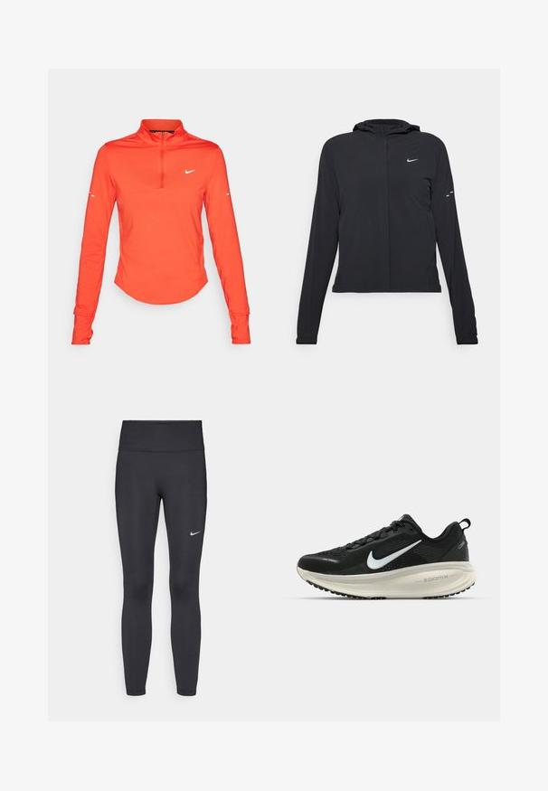 Sort hættetrøje med lange ærmer, lavet af letvægtsmateriale. Har en frontlynlås, et Nike-logo og subtile designaccenter.; Langærmet atletisk bluse i orange med halv lynlås krave, glat tekstur, og med et hvidt logo på brystet og ærmet.; Sorte leggings lavet af strækbart stof, med en høj talje og et hvidt Nike-logo på venstre lår. Glat tekstur, tætsiddende design.; Sort Nike løbesko med åndbart mesh-overdel, hvidt swoosh-logo, tekstureret detaljering og en cremede ZoomX mellemsål.