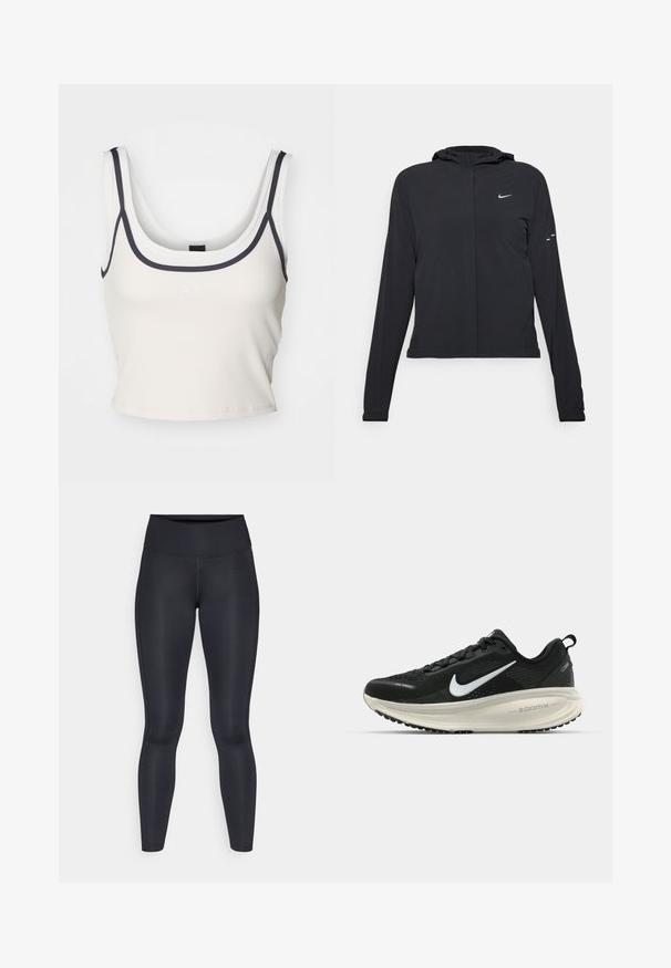 Črna kapuča s dolgimi rokavi, izdelana iz lahkega materiala. Ima sprednji zadrgo, logotip Nike in subtilne oblikovne detajle.; P.E Nation FORWARD TANK - Top - whisper white; Črne legice narejene iz gladkega, elastičnega materiala. Visok pas brez vidnih vzorcev ali dodatkov. Tesno se prilegajo od pasu do gležnjev.; Črne Nike tekaške čevlje z zračno mrežno zgornjim delom, belim logotipom Swoosh, teksturiranimi detajli in smetanasto barvnim srednjim delom ZoomX.