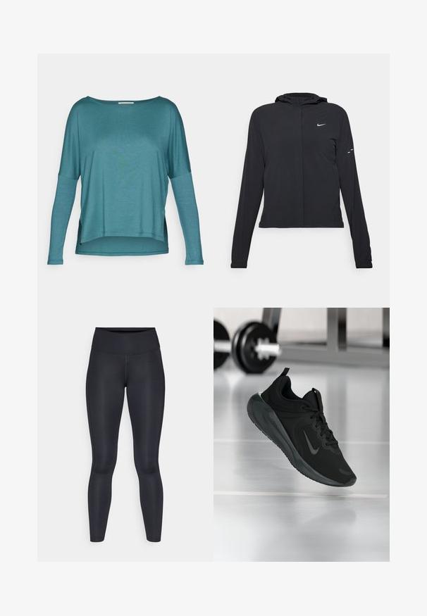 Black hooded jacket with long sleeves, made from lightweight material. Features a front zipper, a Nike logo, and subtle design accents.; Yogasearcher DAKSHA - Long sleeved top - paon; Black leggings made of smooth, stretchy fabric. High waist with no visible patterns or accents. Fit closely from waist to ankles.; Black sports sneaker with Nike logo, shown mid-air on gym floor, with blurred dumbbell rack in background.