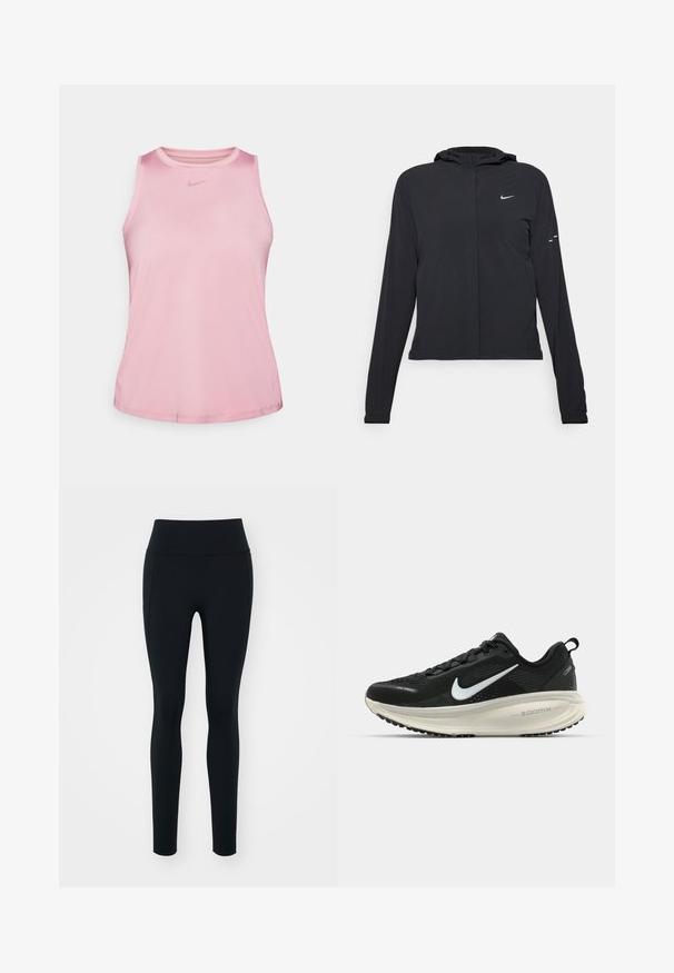 Must musta kapuutsiga jakk, millel on pikad varrukad ja mis on valmistatud kergetest materjalidest. Omab esitaskut, Nike logo ja kergelt silmatorkavaid disainiaktsente.; Roosa hõlmadega sporditop, mis on valmistatud siledast sünteetilisest kangast. Omab ümmargust kaelust ja väikest, tooniühtlast logo rinnal.; Mustad mustad, mis on valmistatud venivast materjalist ja millel on kõrge vöökoht. Sile tekstuur, keha lähedane disain ja ei ole nähtavaid kaunistusi ega mustreid.; Musthave mustus Nike jooksujalats, millel on hingav võrgust ülemine osa, valge swoosh logo, tekstuuriga detailid ja kreemja värvusega ZoomX vahevöö.