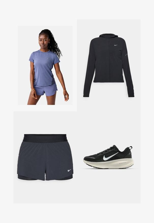 Chaqueta negra con capucha y mangas largas, hecha de un material ligero. Presenta un cierre frontal, un logo de Nike y acentos de diseño sutiles.; Camiseta de manga corta y pantalones cortos en tejido de color púrpura claro, con sutiles acentos de logo y textura que absorbe la humedad.; Shorts deportivos negros con cintura elástica, que presentan un diseño en capas y un pequeño logo blanco de Nike en la parte inferior izquierda. Material ligero.; Zapatilla de running Nike negra con parte superior de malla transpirable, logo Swoosh blanco, detalles texturizados y una entresuela ZoomX de color crema.
