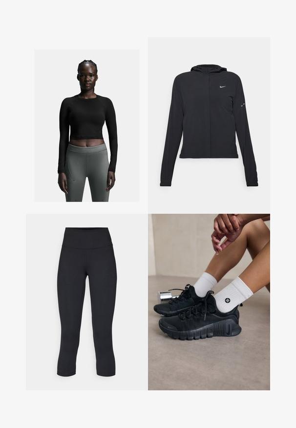 Schwarze Kapuzenjacke mit langen Ärmeln, aus leichtem Material gefertigt. Sie hat einen vorderen Reißverschluss, ein Nike-Logo und dezente Designelemente.; Schwarzes, langärmliges Crop-Top, kombiniert mit taillierten, dunkelgrauen Leggings. Das Top hat ein schlichtes Design; die Leggings besitzen Seitennaht und eine glatte Textur.; Schwarze, cropped Leggings aus dehnbarem Material, mit einem hohen Bund und glatter Textur, ohne sichtbare Muster oder Hardware.; Schwarze Sportschuhe aus strukturiertem Stoff, mit Schnürdesign und auffälliger Sohle, kombiniert mit weißen gerippten Socken, die ein kleines Logo tragen.