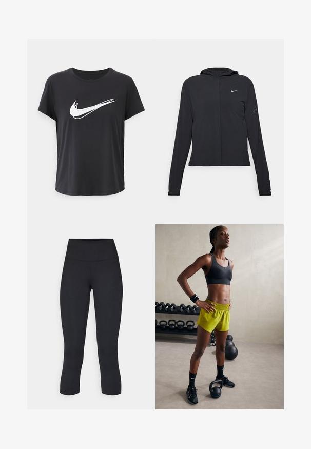 Must musta kapuutsiga jakk, millel on pikad varrukad ja mis on valmistatud kergetest materjalidest. Omab esitaskut, Nike logo ja kergelt silmatorkavaid disainiaktsente.; Must musta № с качиними кратками, valmistatud siledast kangast, esiküljel on silmapaistev valge Nike'i swooshi logo. Lihtne, ümmargune kaelus.; Mustad mustad õhukesed leggingud, mis on valmistatud venivast kangast, kõrge vöökoha ja siledaga, ilma nähtavate mustrite või metalldetailideta.; Must mustamine, erkkrohe kollased lühikesed püksid elastse vöökoha ja mustad sportlikud jalanõud, käepaeltega, seistes kettlebellide kõrval.