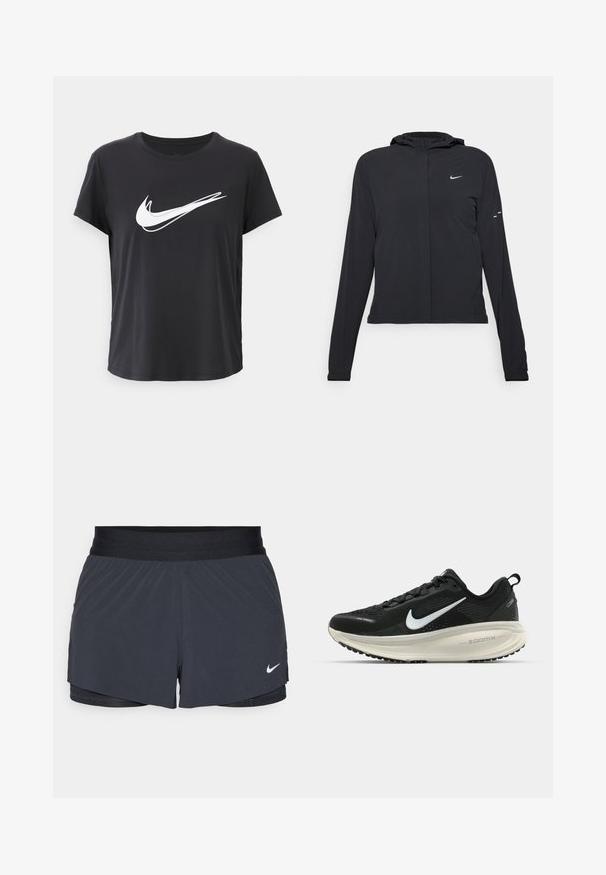 Chaqueta negra con capucha y mangas largas, hecha de un material ligero. Presenta un cierre frontal, un logo de Nike y acentos de diseño sutiles.; Camiseta de manga corta negra hecha de tela suave, con un destacado logo de Nike en blanco en el pecho. Cuello redondo simple.; Shorts deportivos negros con cintura elástica, que presentan un diseño en capas y un pequeño logo blanco de Nike en la parte inferior izquierda. Material ligero.; Zapatilla de running Nike negra con parte superior de malla transpirable, logo Swoosh blanco, detalles texturizados y una entresuela ZoomX de color crema.