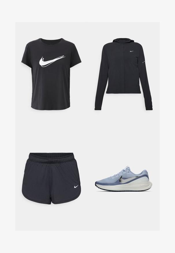 Must musta kapuutsiga jakk, millel on pikad varrukad ja mis on valmistatud kergetest materjalidest. Omab esitaskut, Nike logo ja kergelt silmatorkavaid disainiaktsente.; Must musta № с качиними кратками, valmistatud siledast kangast, esiküljel on silmapaistev valge Nike'i swooshi logo. Lihtne, ümmargune kaelus.; Mustad sportlikud lühikesed püksid elastse vöökohaga, millel on spordilik disain ja valge Nike logo alumisel esiküljel. Kootud kangas.; Heledadsinine ja valge Nike jooksutoss, millel on hõbedane swoosh, hingav võrkmaterjal, pehmendatud tallad ja must välispind.