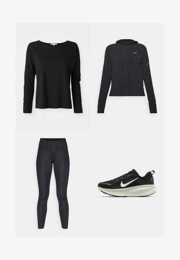 Black hooded jacket with long sleeves, made from lightweight material. Features a front zipper, a Nike logo, and subtle design accents.; Black long-sleeve crewneck shirt with relaxed fit and dropped shoulders, displayed on a white background.; Black leggings made of smooth, stretchy fabric. High waist with no visible patterns or accents. Fit closely from waist to ankles.; Black Nike running shoe with breathable mesh upper, white swoosh logo, textured detailing, and a cream-colored ZoomX midsole.