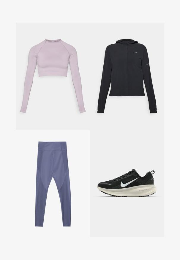 Czarna kurtka z kapturem, z długimi rękawami, wykonana z lekkiego materiału. Posiada zamek błyskawiczny z przodu, logo Nike oraz subtelne akcenty wzornicze.; Lawendowy krótki top z długim rękawem wykonany z elastycznego materiału. Posiada okrągły dekolt i prążkowany dół. Gładka tekstura z dopasowanym krojem.; Fioletowe legginsy sportowe o dopasowanym kroju, gładkiej fakturze i panelach z siatki po bokach zapewniających wentylację. Wysoki stan.; Czarna biegowa półbut z oddychającej siateczki, białym logo swoosh, teksturowanymi detalami oraz kremową podeszwą środkową ZoomX.