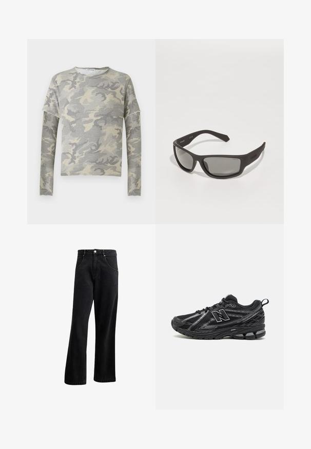 Puchowa czarna kurtka z kapturem, z zapięciem na zamek, elastycznymi mankietami i gładką, błyszczącą podszewką. Kieszenie pikowane dla lepszej izolacji.; Szara bluza w kamuflażu z długimi rękawami, okrągłym dekoltem i lekko opadającymi ramionami. Wykonana z miękkiego materiału o gładkiej fakturze.; Czarne dżinsy o prostym kroju nogawki, z przednimi kieszeniami, zapięciem na guzik i lekko chropowatą fakturą. Zawierają subtelny detal z logo.; Czarne buty sportowe z siateczkową cholewką, wyraźnym logo, teksturowaną podeszwą i elementami amortyzującymi. Zaprojektowane z myślą o wsparciu i oddychalności.; Czarne plastikowe okulary przeciwsłoneczne z ciemnoszarymi soczewkami. Smukły, owinięty design z wygiętymi ramionami i subtelnym brandingiem na skroni.