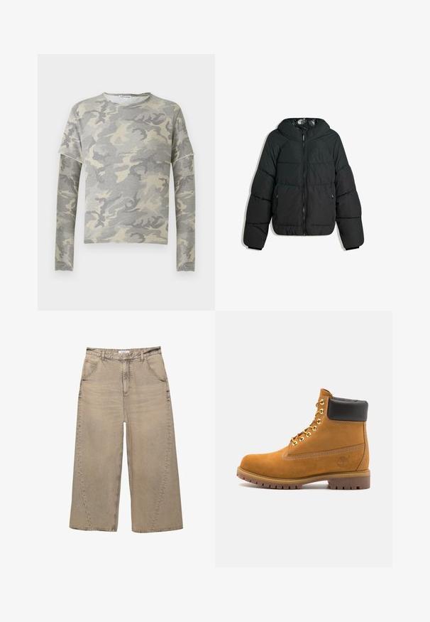 Puhasto črn plašč s kapuco, ki ima zadrgo spredaj, elastične manšete in gladko, sijočo notranjost. Prešit design za izolacijo.; Siva vojažno kamuflažna majica s dolgimi rokavi, okroglim izrezom in rahlo spuščeno ramo. Narejena je iz mehkega blaga z gladko teksturo.; PULL&BEAR MEGA BAGGY - Vrečaste kavbojke - light grey; Svetlo rjave anklne čizme iz semiša z črnim oblazinjenim ovratnikom, zlatimi kovinskimi očesci, belimi šivi in robustnim gumijastim podplatom s izrazitimi tredi.