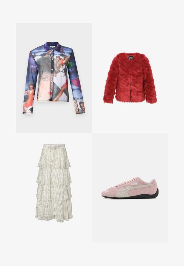 Jachetă din blană sintetică roșie, cu un croi scurt, mâneci lungi și guler rotund. Prezintă un închizător frontal și o etichetă de marcă în interior. Textură moale.; Cămașă transparentă cu nasturi, având un print fotografic colorat cu oameni în poziții dinamice, cu guler clasic și mâneci lungi.; Fustă albă stratificată cu buline negre, având o talie elastică și închidere cu șnur. Țesătură fluidă cu tiv ondulat.; Sneaker roz din suede cu accente gri, design aerodinamic, superior texturat și talpă din cauciuc negru. Prezintă logo-ul Puma pe lateral.