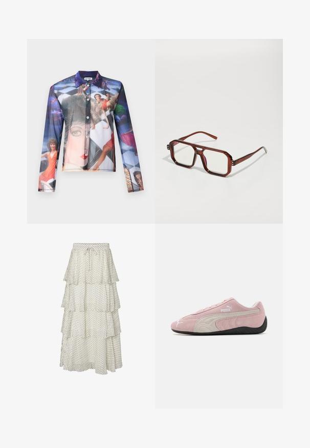 Rote Kunstfelljacke mit kurzem Schnitt, langen Ärmeln und Rundhalsausschnitt. Verfügt über einen Frontverschluss und ein Markenetikett innen. Weiche Textur.; Transparente Button-up-Bluse mit einem bunten fotografischen Druck von Personen in dynamischen Posen, mit klassischem Kragen und langen Ärmeln.; Gestuftem weißes Rock mit schwarzen Punkten, ausgestattet mit einem elastischen Bund und Kordelzug. Fließender Stoff mit gerafftem Saum.; Rosa Wildledersneaker mit grauen Akzenten, stromlinienförmigem Design, strukturiertem Obermaterial und schwarzer Gummisohle. Mit dem Puma-Logo an der Seite.; Braune transparente übergroße Brillen mit rechteckigen Gläsern und schlanken Bügeln. Abgewinkelte, leicht abgerundete Ecken und sichtbare Hardware-Akzente.; Braune Kunstfelltasche mit zwei schwarzen Ledergriffen, weiche Textur, runde Form und sichtbare Nähdetails an den Seiten.