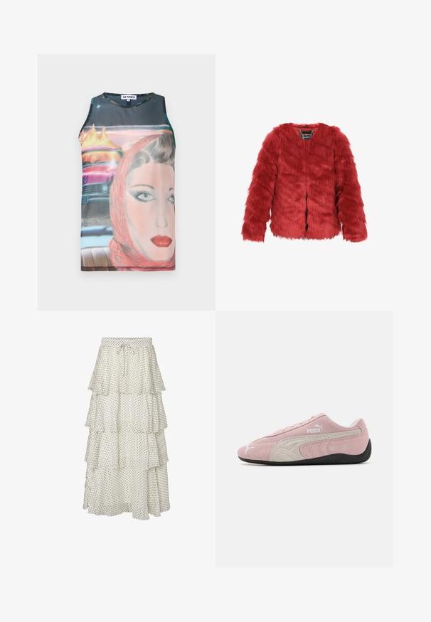 Rød faux fur jakke med kort snit, lange ærmer og rund halsudskæring. Har en frontlukning og et mærketegn indeni. Blød tekstur.; Ærmeløs, tætsiddende tanktop med et retro grafisk print, der viser et kvindans ansigt og en vintage bil, i livlige farver og glat stof.; Lagdelte hvide nederdel med sorte prikker, med elastisk talje og snorelukning. Let flydende stof med flæset kant.; Lyserøde ruskinds sneakers med grå detaljer, strømlinet design, tekstureret overdel og sort gummisål. Har Puma-logo på siden.