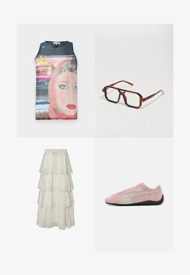 Červená umělá kožešinová bunda s krátkým střihem, dlouhými rukávy a kulatým výstřihem. Disponuje předním zapínáním a vnitřní značkovou visačkou. Měkká textura.; Bezrukávový, padnoucí top s retro grafickým potiskem, který zobrazuje ženskou tvář a vintage auto, v živých barvách a hladké látce.; Vrstvená bílá sukně s černými puntíky, vybavena elastickým pasem a stahovací šňůrkou. Lehce tekoucí materiál s volánkovým lemem.; Růžové semišové tenisky s šedými akcenty, zjednodušený design, texturovaný svršek a černá gumová podrážka. Na boku je logo Puma.; Hnědé transparentní oversized brýle s obdélníkovými skly a štíhlými rámky. Šikmé, mírně zaoblené rohy a viditelné kovové detaily.; Hnědá kabelka z umělé kožešiny s dvěma černými koženými popruhy, měkká textura, zaoblený tvar a viditelné prošití po stranách.