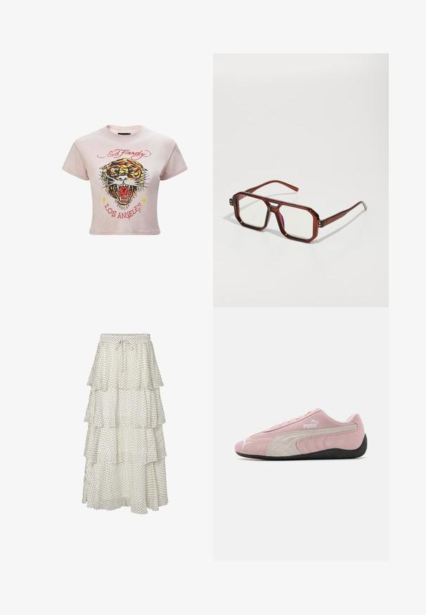 Červená umělá kožešinová bunda s krátkým střihem, dlouhými rukávy a kulatým výstřihem. Disponuje předním zapínáním a vnitřní značkovou visačkou. Měkká textura.; Zkrácená růžová tričko vyrobené z bavlny, které zobrazuje grafiku tygří tváře v červené, černé a žluté barvě s textem "Los Angeles" níže.; Vrstvená bílá sukně s černými puntíky, vybavena elastickým pasem a stahovací šňůrkou. Lehce tekoucí materiál s volánkovým lemem.; Růžové semišové tenisky s šedými akcenty, zjednodušený design, texturovaný svršek a černá gumová podrážka. Na boku je logo Puma.; Hnědé transparentní oversized brýle s obdélníkovými skly a štíhlými rámky. Šikmé, mírně zaoblené rohy a viditelné kovové detaily.; Hnědá kabelka z umělé kožešiny s dvěma černými koženými popruhy, měkká textura, zaoblený tvar a viditelné prošití po stranách.