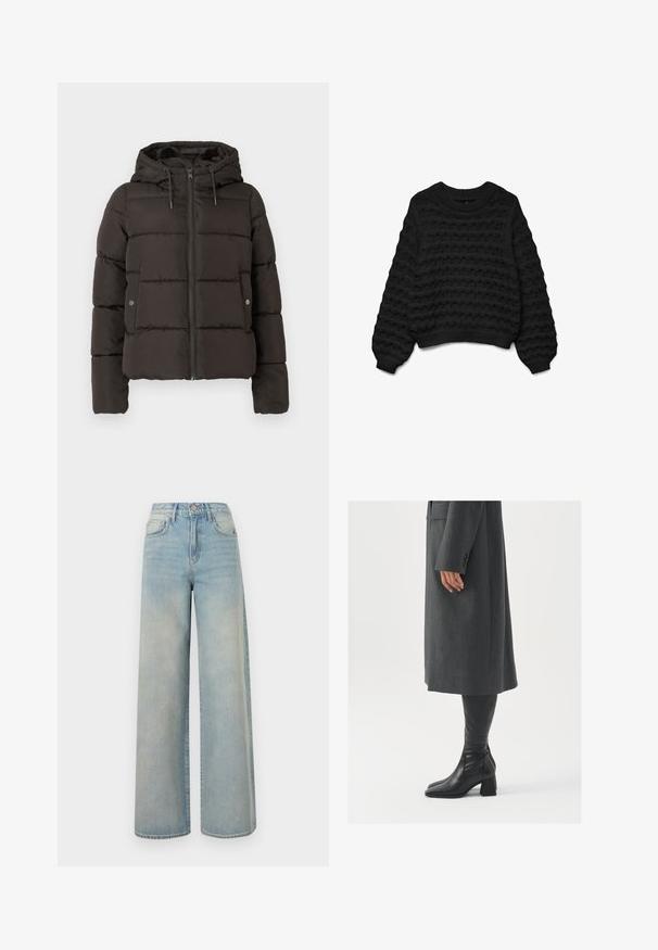 Mustan pehmendatud jope kapuutsiga, millel on ees tõmblukk, õmmeldud paneelid ja küljetaskud klõpsuga. Siledat kangast tekstuur.; Mustra musta kudumükk, lainelise disainiga, ümmarguse kaeluse ja pikkade varrukatega. Omab soonikustatud varrukaotsi ja hemmi, mis lisavad tekstuuri.; Heledad sinine denimist laiad püksid kõrge vöökohaga, ees taskud, nööbikinnitatud ja kergelt kulunud tekstuuriga.; Hallhalline, kohandatud ülikond jakk sirge lõikega; kombineeritud kuni põlveni ulatuvate mustade nahast saapadega, millel on nelinurkne varvas ja paks konts.