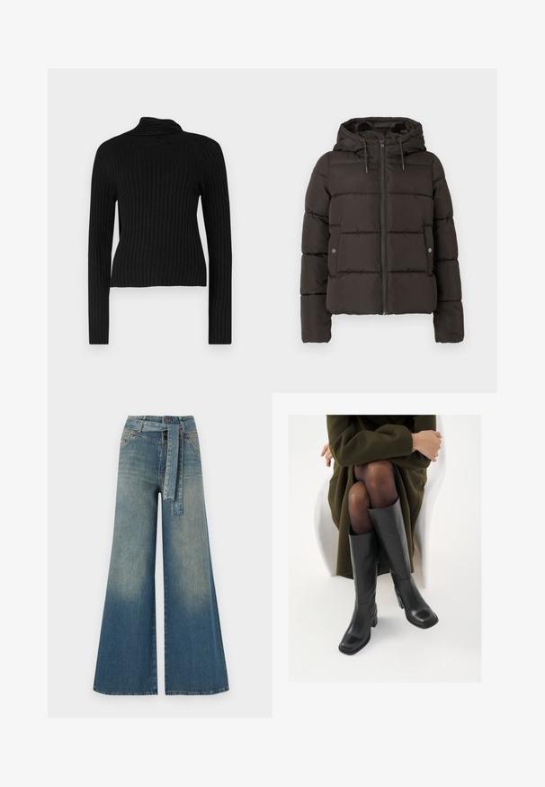 Černá prošívaná bunda s kapucí, s předním zipem, šitými panely a bočními kapsami se sklapovacími uzávěry. Hladká textilie.; Černý žebrovaný rolák s dlouhými rukávy a přiléhavým střihem. Obsahuje texturovanou tkaninu a měkký, elastický materiál.; Džínové kalhoty širokého střihu s přechodem od světlé k tmavě modré, vysokým pasem, poutky na opasek a odpovídajícím opaskem ze stejného materiálu. Texturovaná džínovina.; Černé kožené boty po kolena s hranatou špičkou a blokovým podpatkem, předvedené na modelce sedící v olivově zeleném kabátu. Hladký povrch, minimalizované detaily.