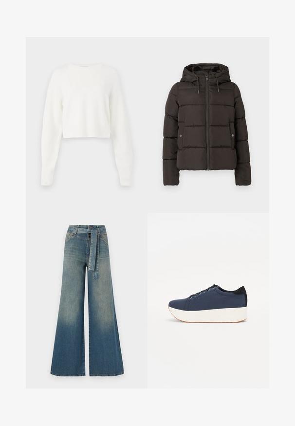 Juodas paminkštintas džemperis su kapišonu, su priekiniais užtrauktukais, siuvinėtais skydais ir šoninėmis kišenėmis su spaustukais. Lygi audinio tekstūra.; Baltas trumpas megztinis su ilgomis rankovėmis, raukšlėta tekstūra ir apvalia iškirpte. Pagamintas iš švelnaus, lengvo audinio.; Platus džinsinis kelnes su šviesiai tamsiai mėlynu gradientu, aukštu juosmeniu, diržo kilpomis ir atitinkančiu audinio diržu. Textūruotas džinsinis paviršius.; Tamsiai mėlynas sportinis batelis su tekstūruotu audiniu viršuje, baltu platformos padu, apvaliu pirštu ir juodu kulno akcentu.š. Yra šešios skylės raišteliams.