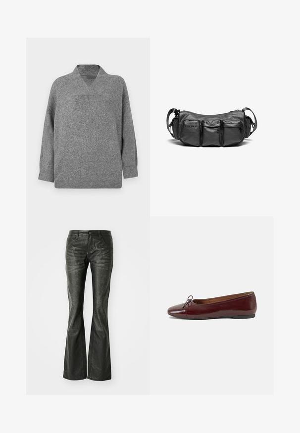 Fekete párnázott dzseki kapucnival, elülső cipzárral, varrott panelekkel és patentos oldalsó zsebekkel. Simább szövettextúra.; Szürke gyapjúpulóver V-nyakkal, ejtett vállakkal és hosszú ujjal. Puha textúra, enyhén oversized fazonnal és varratmentes kivitelezéssel.; Fekete műbőr, bővülő szárú farmernadrág elülső zsebekkel, fémből készült gombos záródással és enyhén textúrázott felülettel. Egyenes szárú, hosszú fazon.; Burgundi lakkbőr balettcipő kerek orral, elöl kis masni díszítéssel és alacsony, fekete gumi talppal. Simára csiszolt felület.; Fekete bőr keresztpántos táska texturált felülettel. Három külső zsebbel és állítható pánttal rendelkezik. Kompakt, kerek alakú.