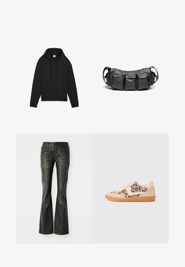 Mustan pehmendatud jope kapuutsiga, millel on ees tõmblukk, õmmeldud paneelid ja küljetaskud klõpsuga. Siledat kangast tekstuur.; Must musta huppar, mis on valmistatud pehmest kangast, kangaroo tasku, reguleeritava kapuutsiga ja rinnal väike logo.; Mustad kunstnahkflared teksad esipocketitega, metallist nupuklips ja kergelt tekstureeritud pind. Sirge jala lõige, pikem lõige.; Leopardi mustriga tossud, millel on beež sueded ülemine osa, pruuni kummist põhi ja valged aktsendid. Ümar nina ja lipsukujundus, millel on tekstureeritud viimistlus.; Must mustrist õhuke nahk ristkeha kott tekstureeritud viimistlusega. Omab kolme välist taskut ja reguleeritavat rihma. Kompaktne, ümar kuju.