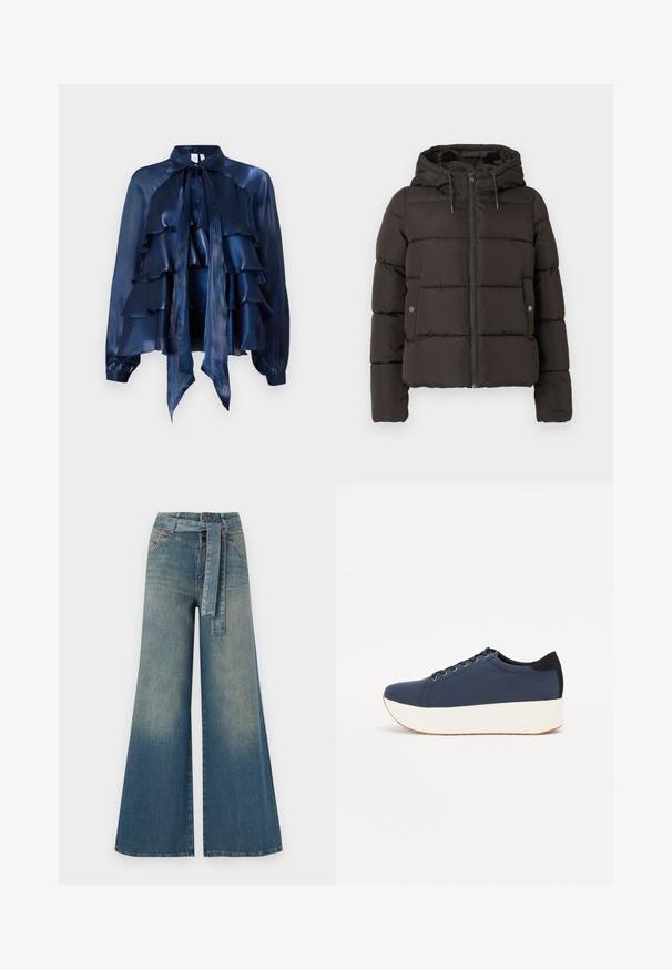 Zwarte gewatteerde jas met een capuchon, uitgerust met een rits aan de voorkant, gestikte panelen en zijzakken met drukknoopsluitingen. Gladde stoftextuur.; Navyblauwe zijden blouse met gerimpelde lagen, een strikboord en lange mouwen met gathered cuffs. Soepele textuur en een lichtgewicht ontwerp.; Wijduitlopende denim broek met een lichte naar donkere blauwe gradient, hoge taille, riemlussen en een bijpassende stoffen riem. Gestructureerde denimafwerking.; Marineblauwe sneaker met een textuurstof bovenwerk, witte platformzool, ronde neus en zwart hakaccent. Voorzien van zes gaatjes voor veters.