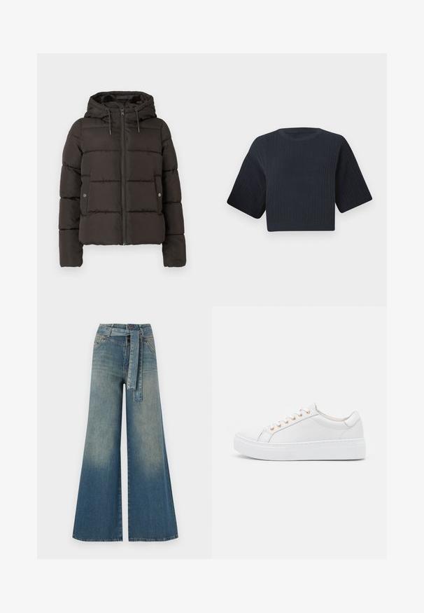 Svart polstret jakke med hette, med glidelås foran, quiltede paneler og sidelommer med trykknappslukking. Glatt stofftekstur.; Mørk marineblå cropped strikkegenser med ribbet tekstur, korte vide ermer og rund hals. Enkel design, ingen synlige mønstre eller detaljer.; Bredde ben jeans med en lyseblå til mørkeblå gradient, høyt liv, beltehemper og et matchende belte i samme stoff. Teksturert denimoverflate.; Hvit sneaker med glatt lærøvre, rund tå og tykk hvit såle. Har seks gullhull til snøring og diskret sidebroderi.
