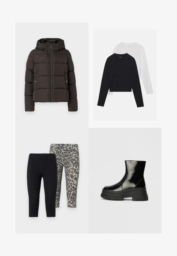 Melnā polsterētā jaka ar kapuci, kas aprīkota ar priekšējo rāvējslēdzēju, izšūtām paneļiem un sānu kabatām ar spiedpogu aizdarēm. Gluda auduma tekstūra.; Divas garām piedurknēm krekli: viens melns un viens balts. Abiem ir apaļa izgriezne, raglanu piedurknes un mīksta kokvilnas maisījuma audums.; Divas divi stilu, par diviem īsiem legingiem: viens ir vienkrāsains melns, bet otrs ar pelēku leopardu rakstu. Mīksta, elastīga auduma ar elastīgu jostu.; Melnas spīdīgas potītes zābaki ar biezu zoli un noapaļotu purngalu, sānu skats uz vienkārša gaiši pelēka fona.