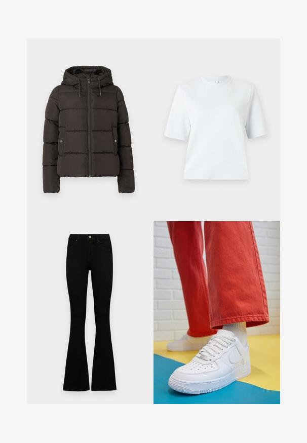 Casaco preto acolchoado com capuz, apresentando um fecho dianteiro com zíper, painéis cosidos e bolsos laterais com fechos de botão. Textura de tecido suave.; T-shirt azul claro de mangas curtas, feita de algodão macio. Apresenta um decote redondo clássico e um corte descontraído, sem padrões ou detalhes.; Jeans pretos de cintura alta com fecho de botão e zíper, bolsos frontais e pernas largas dispostos em cima de um fundo branco.; Sapatilha de couro branca com biqueira perfurada, sola texturizada e atacadores brancos, combinada com calças largas vermelhas e um fundo azul e amarelo.