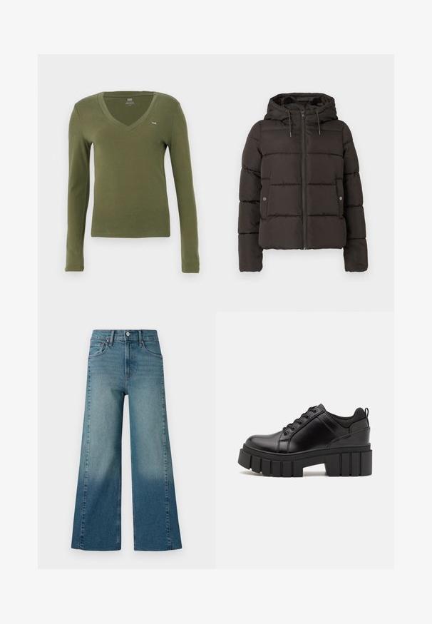 Juodas paminkštintas džemperis su kapišonu, su priekiniais užtrauktukais, siuvinėtais skydais ir šoninėmis kišenėmis su spaustukais. Lygi audinio tekstūra.; Ilgomis rankovėmis V formos apykaklės marškinėliai iš alyvuogių žalios spalvos medvilnės, pasižymintys lieknu siluetu ir mažąja logotipu krūtinėje. Lygus tekstūra ir minimalus dizainas.; Plačios kojos džinsai vidutinio mėlynumo plovime, su gradientiniu efektu nuo tamsesnio prie šviesesnio. Pagaminti iš džinsinio audinio su tradiciniu penkių kišenių dizainu.; Juodi odiniai platformos batai su masyviu blokuota kulniuku, apvalia nosimi ir tradiciniu šnypštimo dizainu. Turintys glotnų paviršių ir minimalų dekoravimą.