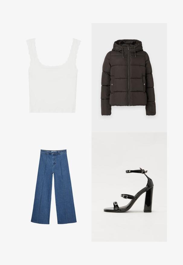 Giacca nera imbottita con cappuccio, dotata di zip frontale, pannelli cuciti e tasche laterali con chiusure a scatto. Tessuto liscio.; Top sottile bianco a coste con bordo scalloppato sulle spalline e sul colletto, dalla forma aderente e dalla texture morbida.; Jeans in denim a gamba larga di blu medio, con vita alta, chiusura con bottone e dettagli delle cuciture verticali a contrasto lungo la parte anteriore.; Sandali con tacco in vernice nera, con punta squadrata, cinturini alla caviglia e fibbie in argento. Presentano un tacco a blocco spesso per maggiore stabilità.