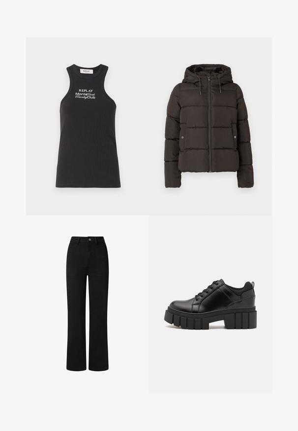 Melnā polsterētā jaka ar kapuci, kas aprīkota ar priekšējo rāvējslēdzēju, izšūtām paneļiem un sānu kabatām ar spiedpogu aizdarēm. Gluda auduma tekstūra.; Melna ribota topiņa ar augstu kakla izgriezumu un sacensību aizmuguri. Iekļauj baltu izšūtu tekstu: "REPLAY MonteCarlo CountryClub."; Melnas, augstā jostasvietā izstrādātas bikses ar taisnu kāju dizainu, izgatavotas no gludas kokvilnas auduma. Iekļauj priekšējās kabatas un vienkāršu metāla pogas aizdari.; Melnas ādas platformas kurpes ar masīvu bloku papēdi, apaļu purngalu un tradicionālu saistīšanas dizainu. Izceļas ar gludu tekstūru un minimālu apdari.