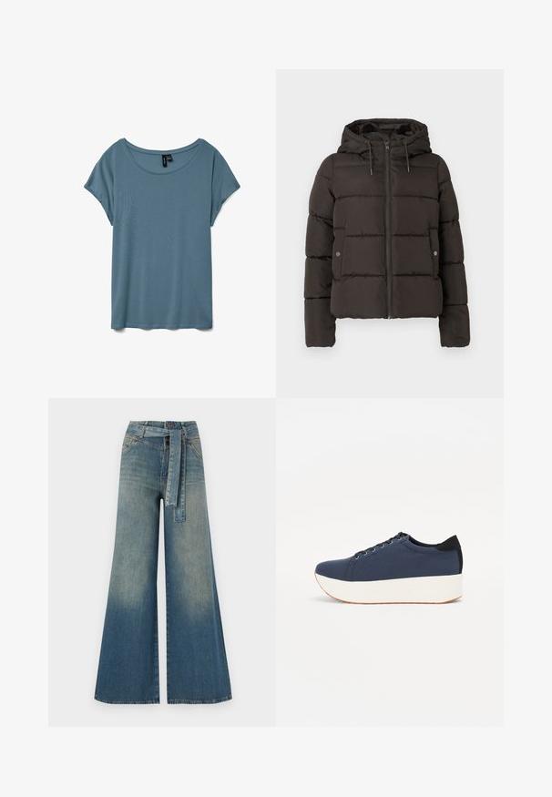 Čierna vypchatá bunda s kapucňou, s predným zipsom, prešívanými panelmi a bočnými vreckami so snap uzávermi. Hladká textúra tkaniny.; T-košeľa s výstrihom do lodičky a krátkymi rukávmi v tlmenej modrej farbe. Vyrobená z mäkkej, ľahkej tkaniny s hladkou textúrou a voľným strihom.; Džínsy s širokými nohavicami, ktoré majú prechod od svetlomodrej po tmavomodrú, vysoký pás, pútka na opasok a opasok z rovnakého materiálu. Textúrovaný denimový povrch.; Námornícky modré tenisky s textúrovaným textilným zvrškom, bielou platformovou podrážkou, zaoblenou špičkou a čiernym akcentom na päte. Obsahujú šesť otvorov na šnúrky.