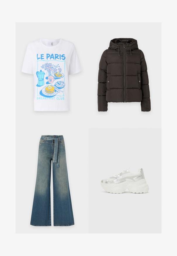 Zwarte gewatteerde jas met een capuchon, uitgerust met een rits aan de voorkant, gestikte panelen en zijzakken met drukknoopsluitingen. Gladde stoftextuur.; Witte katoenen T-shirt met een grafisch ontwerp met blauwe en roze illustraties van ontbijtitems, waaronder pannenkoeken, koffie en croissants.; Wijduitlopende denim broek met een lichte naar donkere blauwe gradient, hoge taille, riemlussen en een bijpassende stoffen riem. Gestructureerde denimafwerking.; Zilveren sneaker met een gestructureerde mesh bovenkant en iriserende accenten, voorzien van een chunky witte zool en vetersluiting.