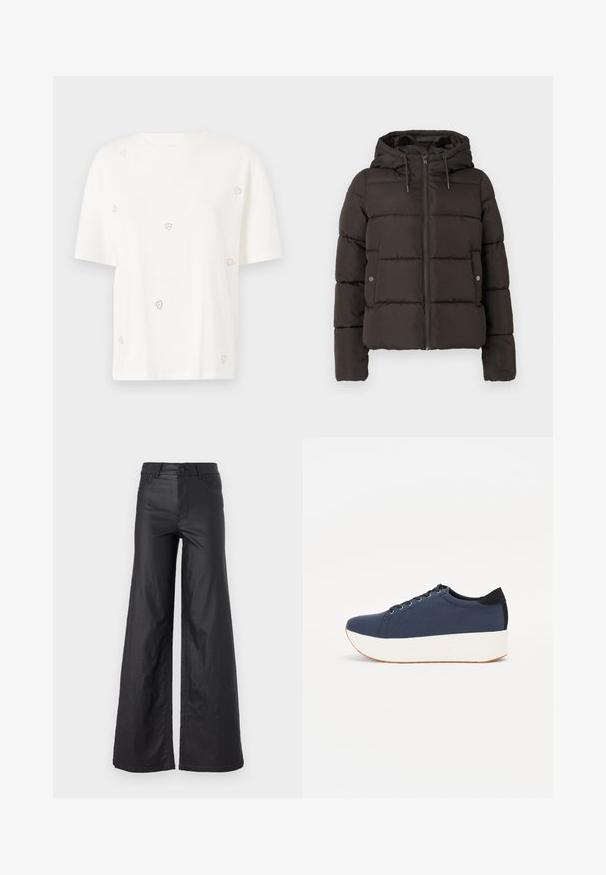 Mustan pehmendatud jope kapuutsiga, millel on ees tõmblukk, õmmeldud paneelid ja küljetaskud klõpsuga. Siledat kangast tekstuur.; Valge puuvillane t-särk lühikeste varrukatega, millel on väiksed hõbedased südame kaunistused, mis on hajutatud kangale. Ümmargune kaelus.; Mustad, laiad püksid kunstnahast. Omab kõrget vööd, vöökotte, kahte esipoolset taskut ja õmmeldud detaile.; Tumedat sinised tennised tekstureeritud riidest pealispinnaga, valge platvormi tallaga, ümarate varvaste ja musta kontsapaneeliga. Omab kuut silma paelte jaoks.