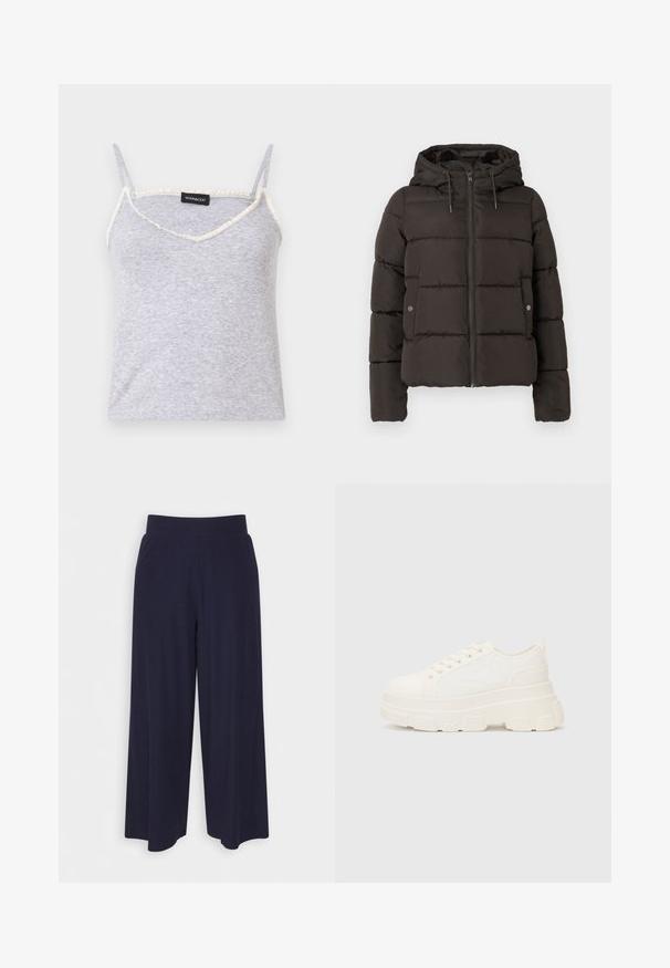 Juodas paminkštintas džemperis su kapišonu, su priekiniais užtrauktukais, siuvinėtais skydais ir šoninėmis kišenėmis su spaustukais. Lygi audinio tekstūra.; Pilka raukšlėta marškinė su reguliuojamomis spaghetti petnešomis. Yra v-formos iškirptė ir nelygus kreminių atspalvių apipjaustymas aplink kraštus.; Plati kojinės tamsiai mėlynos spalvos audiniu su vagelėmis. Turi lygų juosmenį ir laisvą siluetą, kuris siekia iki pusės blauzdos.; Balti drobės sportbačiai su storu padu, apvalia nosimi ir penkiomis akytėmis raištams. Gale yra kilputė, kad būtų lengva užsidėti. Sklandus paviršius, minimalistinis dizainas.