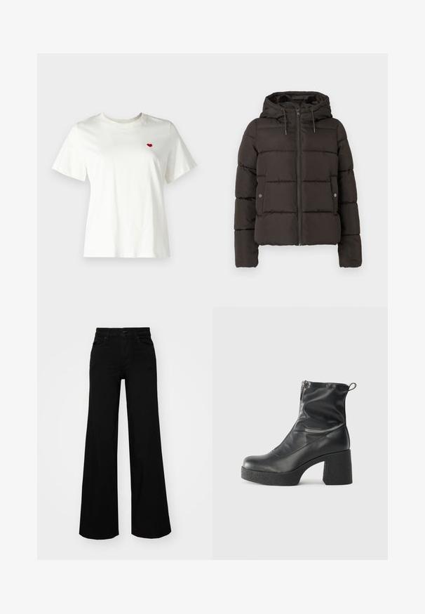 Mustan pehmendatud jope kapuutsiga, millel on ees tõmblukk, õmmeldud paneelid ja küljetaskud klõpsuga. Siledat kangast tekstuur.; Valge puuvillane T-särk, millel on lühikesed varrukad ja ümmargune kaelus, vasakule rinnaosale on tikitud väike punane süda.; Mustad mustad püksid, mis on valmistatud denimist, struktuurse vöökohtade, vöökootidega ja esikottidega. Sile tekstuur klassikalise disainiga.; Mustad mustad ansapüksid, mis on valmistatud siledast nahast, külje zipperiga, paksu tekstuuriga kontsaga ja ümmarguse nina disainiga.
