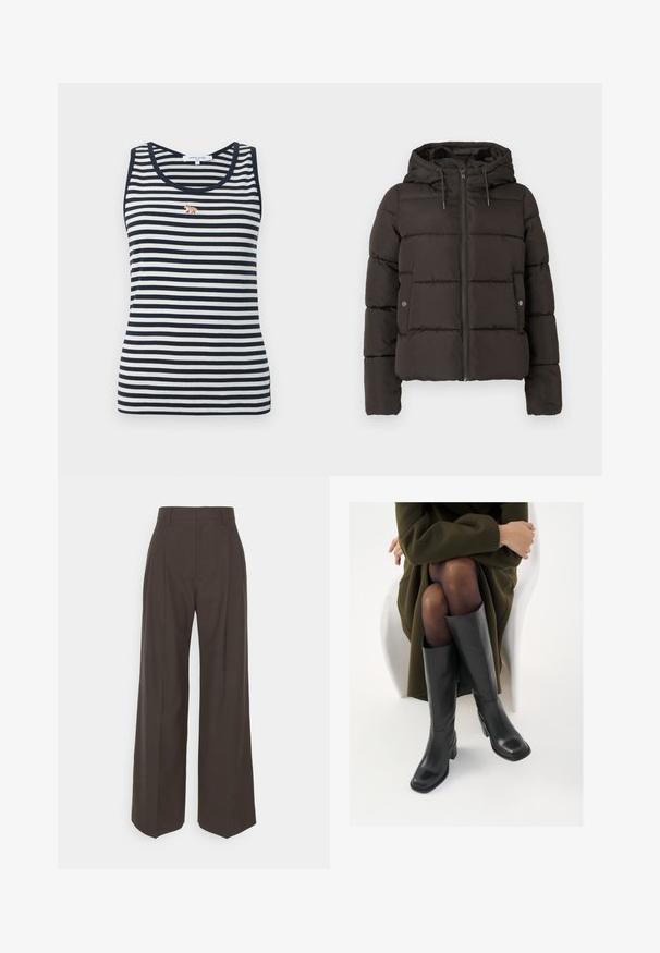 Melnā polsterētā jaka ar kapuci, kas aprīkota ar priekšējo rāvējslēdzēju, izšūtām paneļiem un sānu kabatām ar spiedpogu aizdarēm. Gluda auduma tekstūra.; Kleita bez piedurknēm tumši zila ar baltām svītrām, kurai ir neliels izšūts lapsas motīvs uz krūtīm. Izgatavota no ribota auduma.; Tumši brūni platajiem galiem bikses ar augstu jostasvietu, kas pieejamas ar uzmanīgi presētām krokām, gludu tekstūru un pielāgotu piegriezumu.; Ceļgalu augstuma melni ādas zābaki ar kvadrātu purngalu un bloku papēdi, attēloti modelī, kurš sēž olīvu zaļā mētelī. Gluda tekstūra, minimāla apdare.