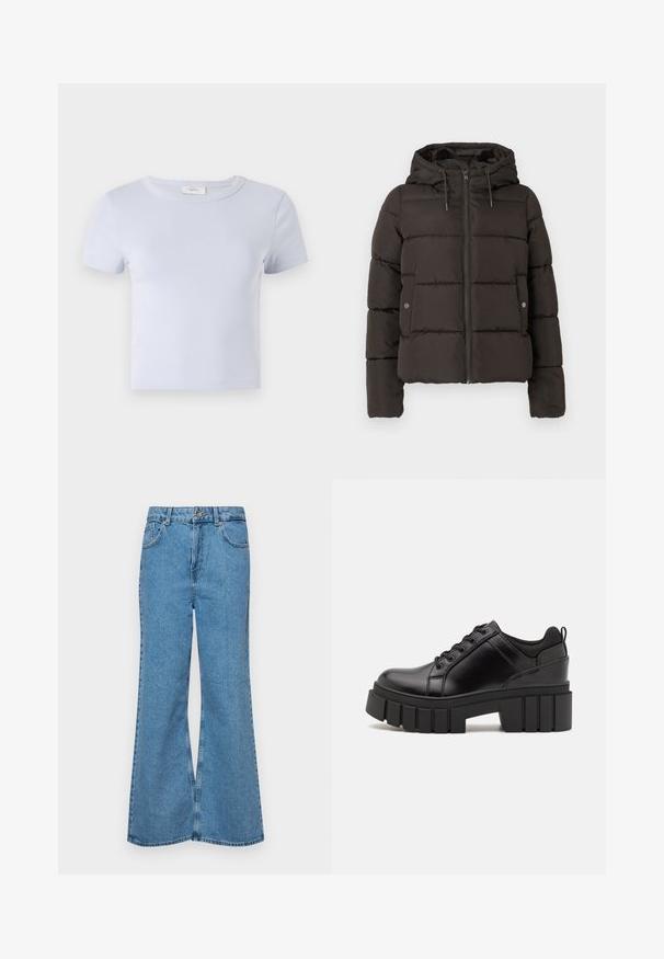 Sort polstret jakke med hætte, der har en frontlynlås, syede paneler og sidelommer med trykknaplukning. Glat stoftekstur.; Lyseblå kortærmet t-shirt med rund hals, lavet af blødt stof; har en tætsiddende pasform og diskrete syninger.; Lysblå flagrende jeans lavet af denim, med høj talje, fem lommer og en enkelt knaplukning. Blød tekstur med en falmet finish.; Sorte læder platform sko med en klodset blokhæl, rund tå og traditionelt snøredesign. Har en glat tekstur og minimal detaljering.