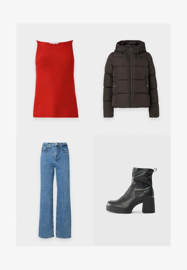 Fekete párnázott dzseki kapucnival, elülső cipzárral, varrott panelekkel és patentos oldalsó zsebekkel. Simább szövettextúra.; Piros bordázott ujjatlan felső egyenes nyakkivágással és testhezálló siluettel, sima anyagból készült. Nincs látható zárás vagy minta.; Kék, magas derekú, egyenes szabású farmernadrág, apró fehér virágmintákkal díszítve a szöveten.; Fekete bokacsizmák sima bőrből, oldalsó cipzárral, vastag, texturált sarkú és lekerekített orrú dizájnnal.