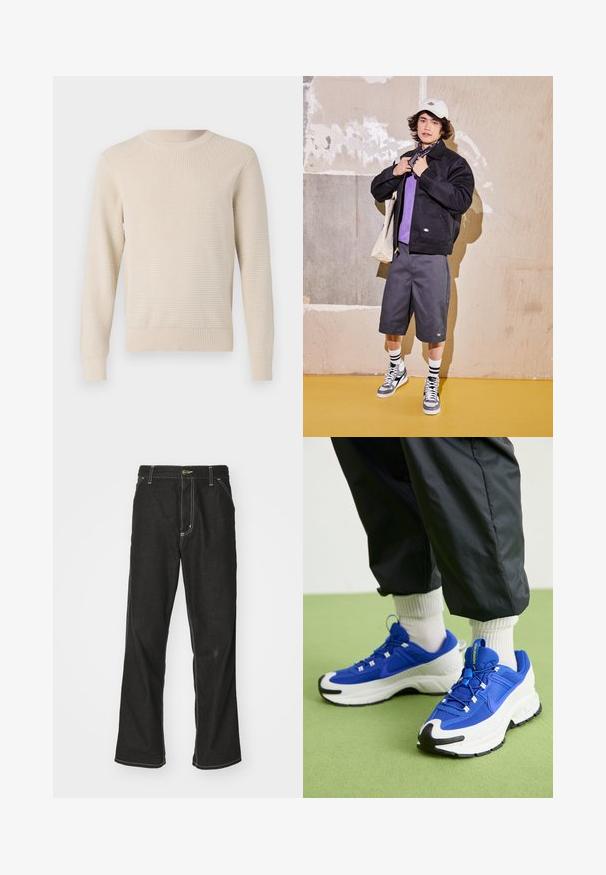 Schwarze Jacke, lila Hemd, graue Shorts und graue Turnschuhe. Accessoires sind eine weiße Mütze und ein schwarzes Bandana. Baumwollmaterialien, lässiges Design.; Beiger Strickpullover mit strukturiertem Muster, Rundhalsausschnitt und gerippten Bündchen und Saum. Klassische Passform mit langen Ärmeln.; Schwarze Denim-Jeans mit lockerer Passform, kontrastierenden weißen Nähten, einem Knopfverschluss und geradem Bein.; Blaue und weiße Sportschuhe aus strukturiertem Material, mit einer auffälligen Gummisohle und schwarzen Akzenten. Verfügt über Schnürsenkel und ein polsterndes Design.