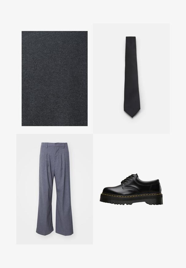 Veste noire, chemise violette, shorts gris et baskets grises. Les accessoires comprennent une casquette blanche et un bandana noir. Matériaux en coton, design décontracté.; Tissu en coton noir avec une texture lisse, présentant un motif de tricot uniforme et sans embellissements ni détails en métal visibles.; Pantalon gris à rayures avec une coupe évasée, comportant des plis à l'avant et une texture lisse. Pas de matériel ou d'accents visibles.; Chaussure noire en cuir à lacets avec une semelle en caoutchouc noire épaisse et dentelée, ornée de surpiqûres jaunes le long du bord, présentant une finition lisse.; Cravate noire étroite avec un motif en diagonale texturé et côtelé. Présente une pointe et une finition lisse. Convient aux tenues formelles.