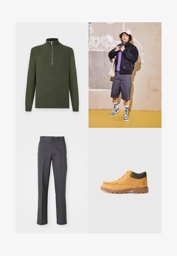 Czarna kurtka, fioletowa koszula, szare szorty i szare trampki. Dodatki to biała czapka i czarna chustka. Materiały bawełniane, casualowy design.; Ciemnozielony sweter z dzianiny z długimi rękawami i przednim srebrnym zamkiem błyskawicznym rozciągającym się do połowy od kołnierza typu mock neck.; Ciemnoszare spodnie wykonane z mieszanki bawełny, cechujące się prostym krojem nogawek, kieszeniami z przodu oraz zapięciem na guzik w talii.; Żółty skórzany but z brązową gumową podeszwą, okrągłym czubkiem i zielonym skórzanym detalem w okolicy kostki. Posiada złote oczka i akcenty nitkowe.