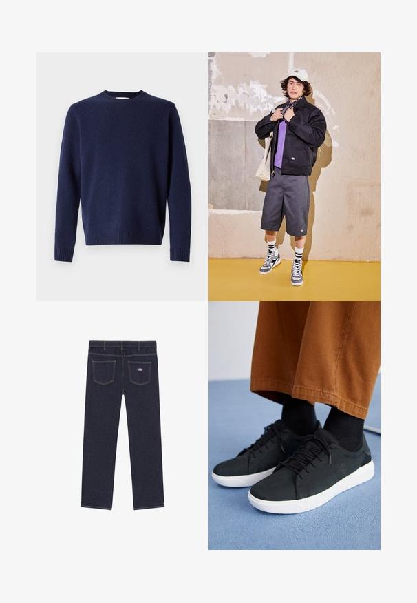 Schwarze Jacke, lila Hemd, graue Shorts und graue Turnschuhe. Accessoires sind eine weiße Mütze und ein schwarzes Bandana. Baumwollmaterialien, lässiges Design.; WOOD WOOD BRUSHED JUMPER - Strickpullover - navy; Dunkelblaue Jeans mit geradem Schnitt, ausgestattet mit zwei Gesäßtaschen und kontrastierenden gelben Nähten. Markenetikett auf der rechten Tasche.; Schwarze Wildleder-Sneaker mit weißen Gummisohlen, mit Schnürdesign, strukturierten Akzenten und dezentem Branding, kombiniert mit braunen Hosen.
