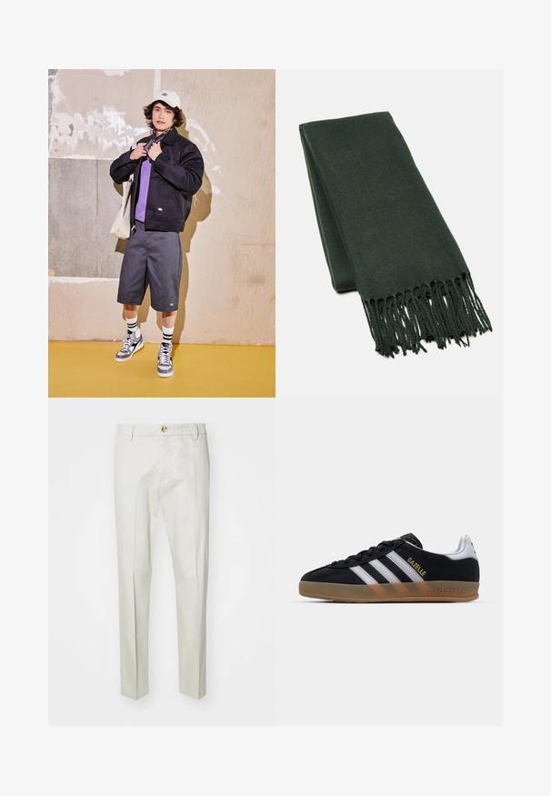 Schwarze Jacke, lila Hemd, graue Shorts und graue Turnschuhe. Accessoires sind eine weiße Mütze und ein schwarzes Bandana. Baumwollmaterialien, lässiges Design.; Weißes Hemd mit Knöpfen, lange Ärmel, aus glattem Stoff. Verfügt über einen klassischen Kragen, einen abgerundeten Saum und Manschetten mit einem Knopf.; Hellbeige Hosen aus weichem, strukturiertem Stoff. Mit Knopfverschluss, Gürtelschlaufen und geraden Beinen. Sauberes, maßgeschneidertes Design.; Schwarze Wildleder-Sneaker mit weißen Streifen, beigem Gummisohle und goldfarbenem "Gazelle"-Logo. Klassisches Low-Top-Design mit strukturierter Oberseite.; Dunkelgrüner Schal aus weichem Stoff, mit einem schlichten Design und fransigen Kanten für zusätzliche Textur.