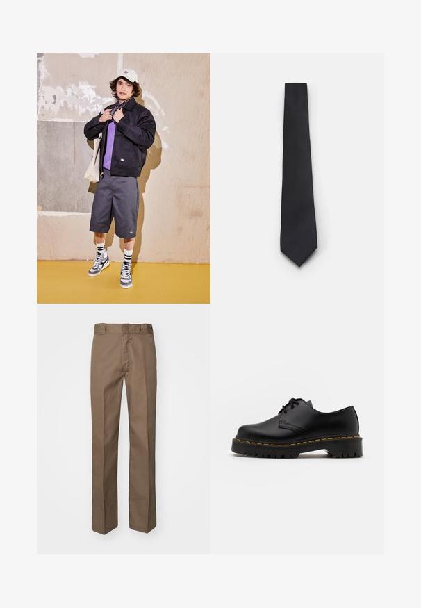 Zwarte jas, paarse shirt, grijze shorts en grijze sneakers. Accessoires omvatten een witte pet en een zwarte bandana. Katoenen materialen, casual ontwerp.; Witte lange mouwen overhemd gemaakt van zachte katoen, met een puntige kraag, voorknopsluiting en rechte zoom.; Brown trousers met een vlakke voorkant, rechte pijpen en een klassieke tailleband. Gemaakt van duurzame stof, zonder zichtbare patronen of versieringen.; Zwarte leren veterschoen met een ronde neus, getextureerde rubberen zool en gele stiksels rond de basis. Plat ontwerp en een gladde afwerking.; Smalle zwarte stropdas met een gestructureerd, diagonaal ribbelpatroon. Beschikt over een spitse punt en een gladde afwerking. Geschikt voor formele kleding.