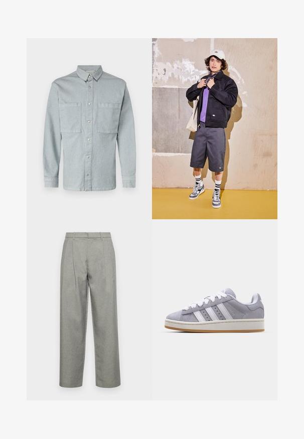Svart jakke, lilla skjorte, grå shorts og grå joggesko. Tilbehør inkluderer en hvit caps og et svart bandana. Bomullsmaterialer, uformelt design.; Lyseblå denimskjorte med lange ermer, knappet foran, to brystlommer og sølvtryknapper. Klassisk krage og rett snitt.; Grå skreddersydde bukser laget av teksturert stoff, med rett benkonstruksjon, frontfold og standard midje med beltesløyfer.; Grå ruskinn sneakers med hvite striper, rund tå og gummisåle. Har perforeringer på siden og teksturert hæltab.