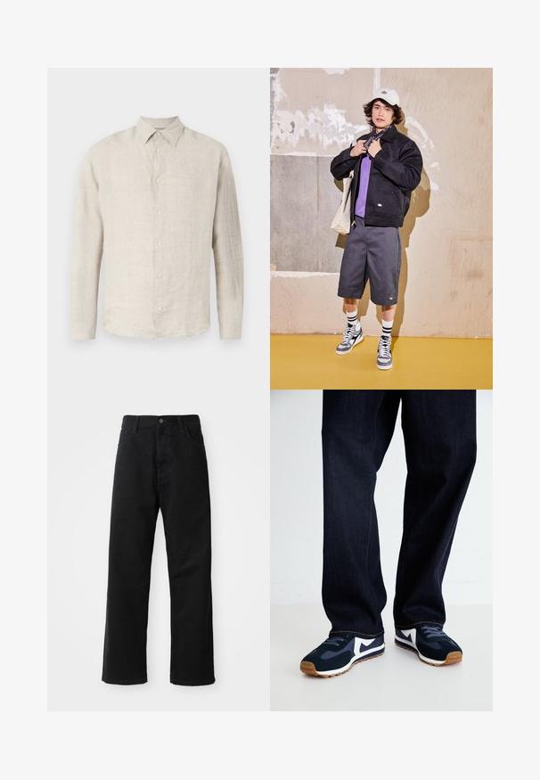 Black jacket, purple shirt, gray shorts, and gray sneakers. Accessories include a white cap and a black bandana. Cotton materials, casual design.; Light beige linen button-up shirt with a pointed collar, long sleeves, and subtle texture; features six matching buttons down the front.; Black denim pants with a straight cut, featuring front pockets, a zip fly, and a single top button. Textured fabric with a matte finish.; Navy and white athletic shoes with a textured upper, laces, and rubber sole, paired with dark denim pants with orange stitching.