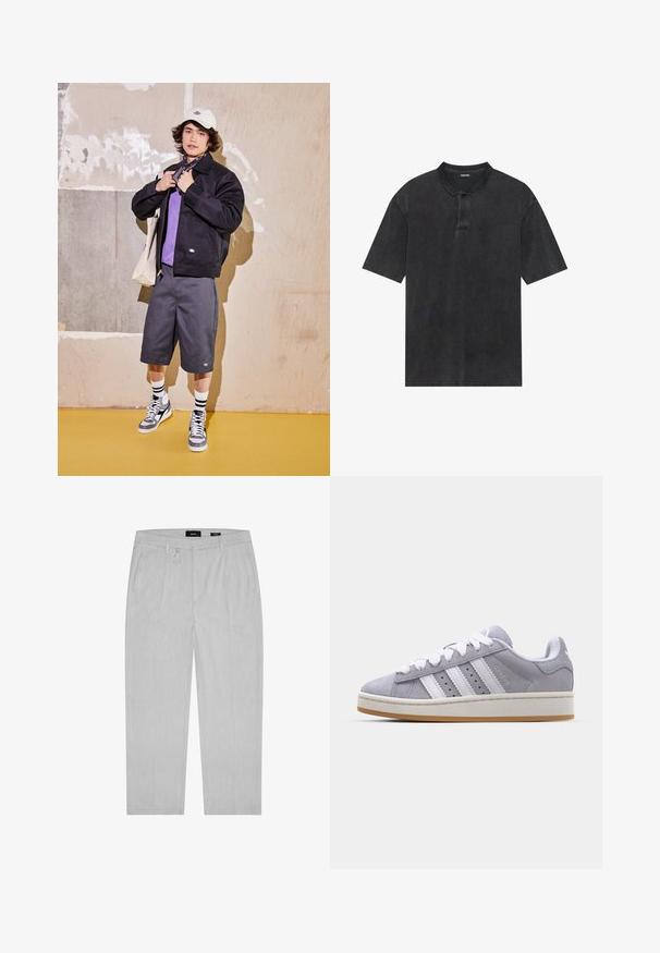 Czarna kurtka, fioletowa koszula, szare szorty i szare trampki. Dodatki to biała czapka i czarna chustka. Materiały bawełniane, casualowy design.; Czarny polo z miękkiego materiału, z trzyguzikowym zapięciem, krótkimi rękawami i płaskim kołnierzem o subtelnej fakturze.; Jasnoszare spodnie o subtelnym wzorze, z przodu fałdami, kieszeniami bocznymi i szlufkami na pasek. Prosta nogawka, minimalistyczny styl.; Szare zamszowe trampki z białymi paskami, okrągłym noskiem i gumową podeszwą. Zawierają perforacje po bokach oraz teksturowany uchwyt na pięcie.