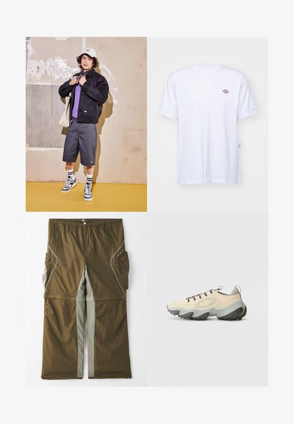 Melna jaka, violeta krekls, pelēkas šorti un pelēki sporta apavi. Aksesuāri ietver baltu cepuri un melnu bandanu. Kokvilnas materiāli, ikdienišks dizains.; Balta kokvilnas t-kreklu ar V veida kakla izgriezumu un īsām piedurknēm. Uz kreisā krūts ir neliels krāsains izšūts logo. Mīksta tekstūra.; Brūni viegli bikses ar pelēkiem sānu paneļiem, elastīga josta un vairāki sānu kabatas. Strukturēta auduma ar smalku spīdumu.; Bēša sporta apavi ar strukturētu sieta augšdaļu, pelēku gumijas zoli, izteiksmīgu izliekumu dizainu un pelēkām šņorēm. Ir arī cilpa uz papēža.