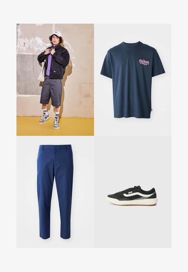 Czarna kurtka, fioletowa koszula, szare szorty i szare trampki. Dodatki to biała czapka i czarna chustka. Materiały bawełniane, casualowy design.; Granatowa bawełniana koszulka z krótkim rękawem z różowym nadrukowanym logo na piersi z napisem "Dickies Quality Made Workwear." Standardowy krój.; Granatowe chinosy o gładkiej fakturze, z zapięciem na guzik w pasie oraz kieszeniami po bokach, cechujące się dopasowanym krojem i skróconą długością.; Czarne trampki z białymi akcentami, z gładką syntetyczną cholewką, okrągłym kształtem i gumową podeszwą, zestawione z jasnobeżowymi spodniami.