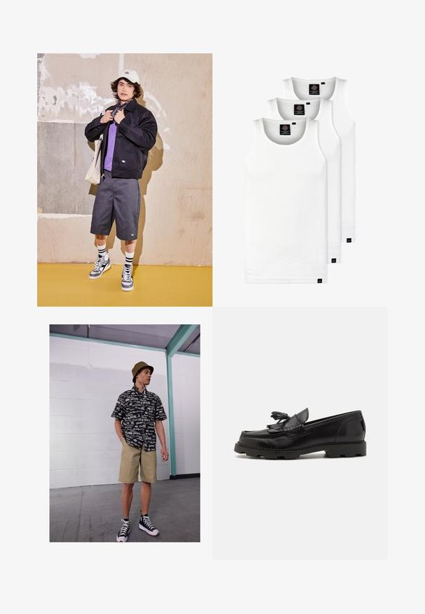 Black jacket, purple shirt, gray shorts, and gray sneakers. Accessories include a white cap and a black bandana. Cotton materials, casual design.; Three white ribbed tank tops made of cotton. Features a crew neck and small black labels near the hem. Available in multiple sizes.; Black and white short-sleeve shirt with logo pattern, khaki shorts, and black high-top sneakers. Beige bucket hat and cords visible.; Black leather loafer with a moccasin design, featuring a decorative fringe and tassel, textured surface, and chunky rubber sole.